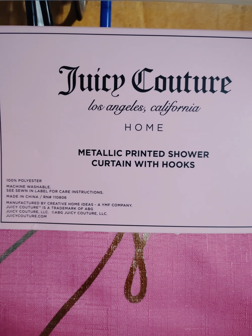 Juicy Couture Metallic Pink Shower Curtain with Hooks
